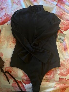 For Days Black Long Sleeve Half Zip Bodysuit NWT